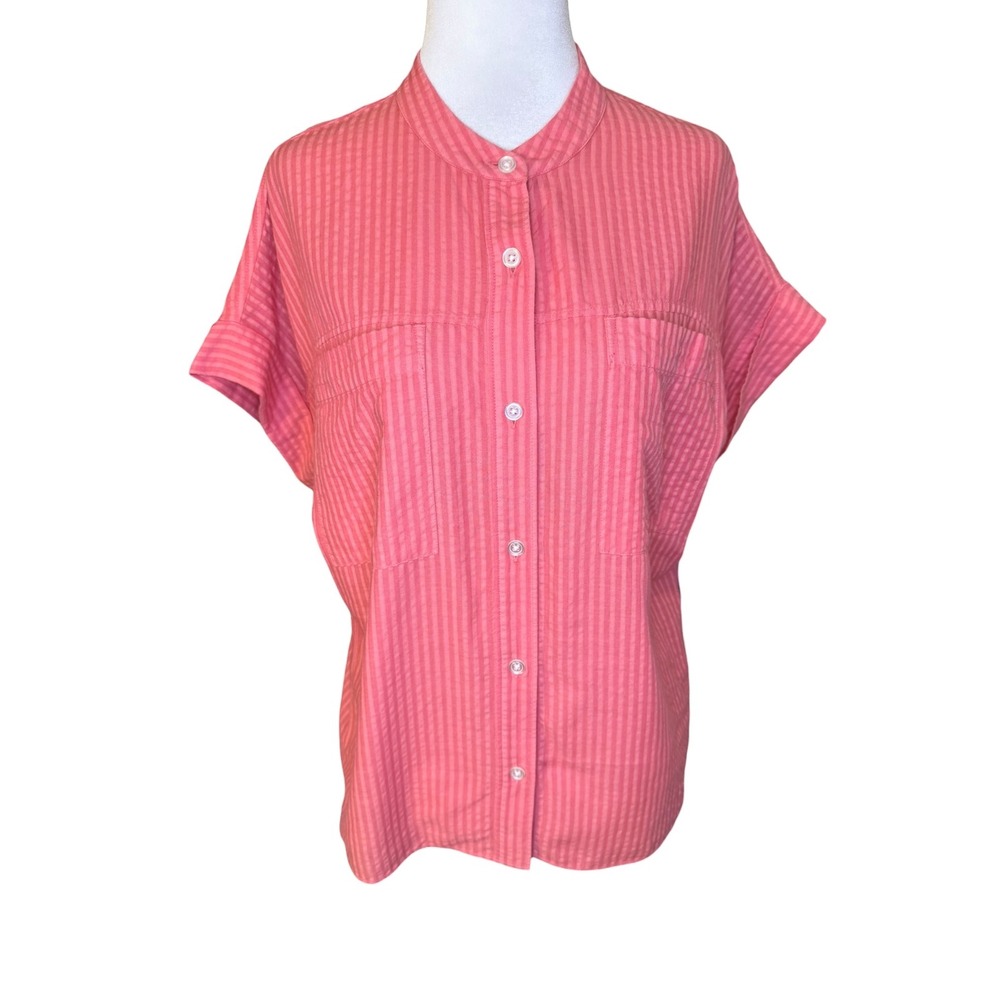AG Adriano Goldschmied Abby Seersucker Striped Band Collar Shirt Coral‎ Pink Sm